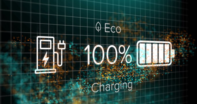 Showing eco charging display with leaf, pump, battery icons, Eco 100% Charging on dark teal grid