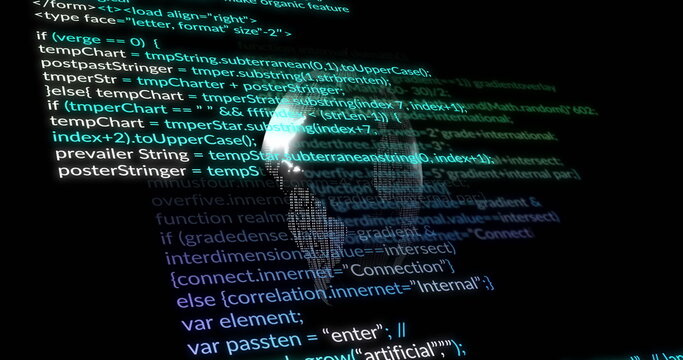 Floating programming code lines surrounding glowing wireframe globe in virtual digital interface