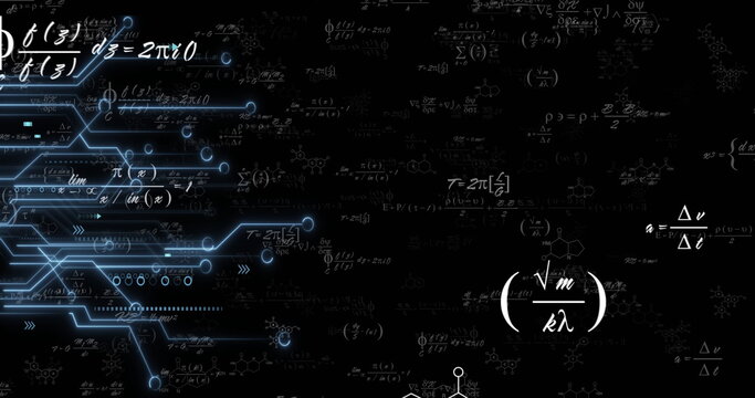 Displaying neon-blue circuit network intersecting math formulas on black background, copy space - Powered by Adobe