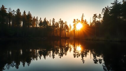 Serene forest scene mirrored in a calm lake, bathed in golden sunlight for a peaceful natural moment.