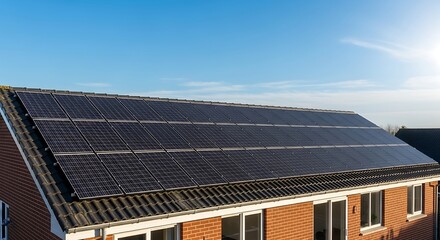 Solar panels on the rooftop of a house against a clear blue sky, a sustainable energy resource. The house benefits from renewable energy