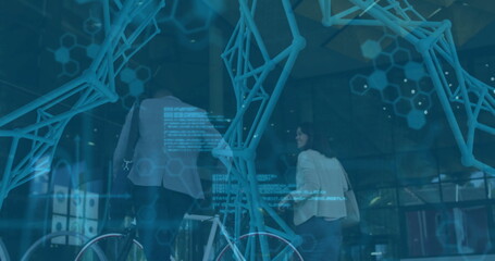 Ascending two professionals wearing suits pushing bicycle in corporate lobby, with digital overlay