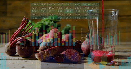 Displaying fresh and sliced beets on rustic table pouring juice into glass with digital overlay