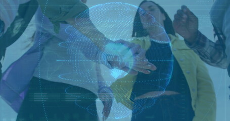 Team of four business women stacking hands under holographic globe in studio, with data overlay