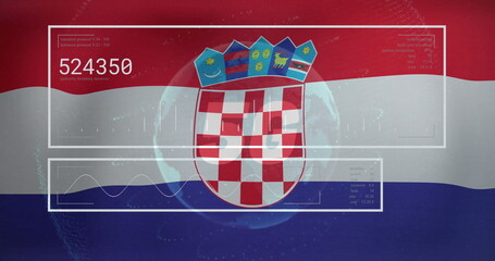Fototapeta premium Displaying Croatian coat of arms on flag stripes in HUD, showing hologram, code 524350, graph data