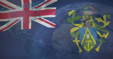 Fototapeta premium Displaying globe from space with Union Jack flag, neon-blue map outline, coat of arms, copy space