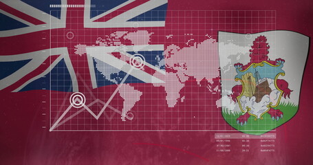 Fototapeta premium Displaying pixelated world map and line graph on red flag, with Union Jack, Bermudian shield, codes