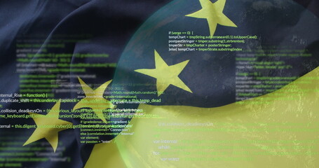 Translucent EU sphere floating in virtual code background, showing lines of JavaScript source code