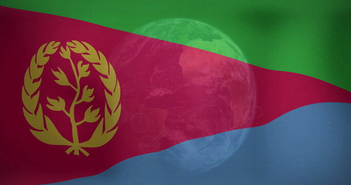 Naklejki Displaying planet Earth emerging behind transparent Eritrean flag in space, with star field