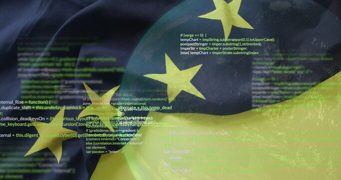 Translucent EU sphere floating in virtual code background, showing lines of JavaScript source code - Powered by Adobe