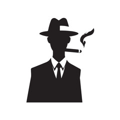 Black silhouette of a man in a fedora hat smoking a cigar white