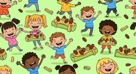 National ants on a log day september 10 seamless pattern of happy children holding celery sticks with peanut butter and dates healthy snack vector art vector