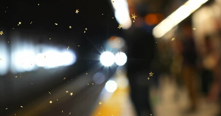 Moving subway train flashing headlights on platform, with yellow strip and star overlays