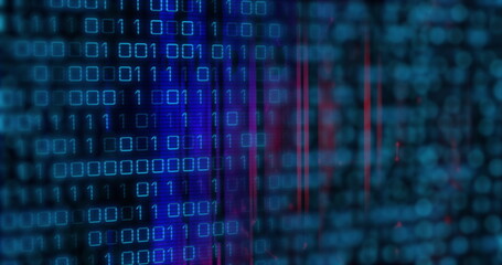 Streaming grid of glowing binary digits and colored streaks at computer screen, with code interface