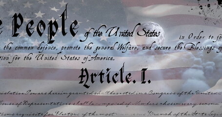 Fototapeta premium Displaying blackletter Article I preamble floating in digital art, showing flag and ink splatters