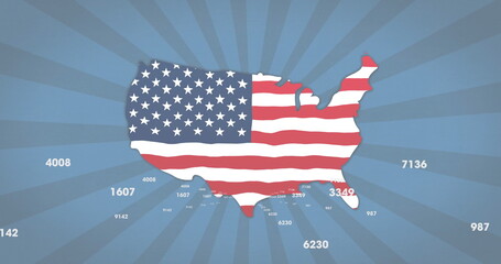 Fototapeta premium Displaying US silhouette filled with American flag pattern on blue radial layout, with data labels