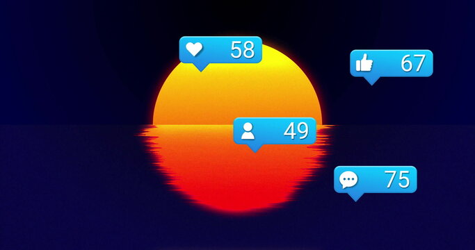 Naklejki Shining sun sending blue notification bubbles showing counts over ocean horizon with red reflection