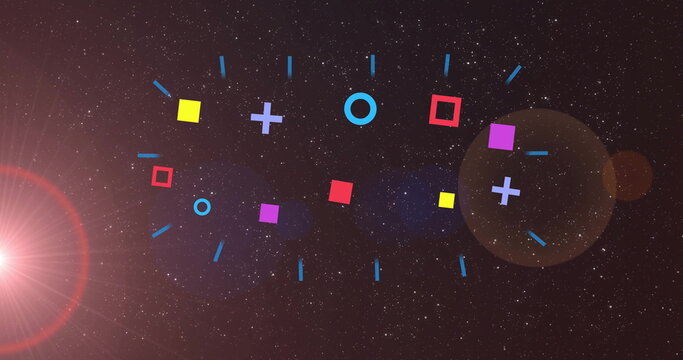 Naklejki Spinning shapes in space, with colorful squares circles plus signs dashes, red orange lens flares