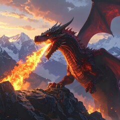 Dragon spewing flames over mountain range