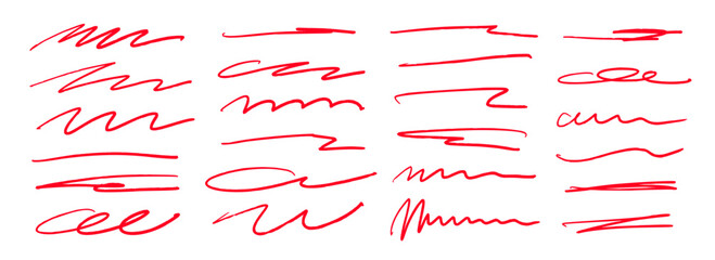 Red hand drawn brush strokes set. Sketched doodle scrawl lines collection. Zig zag, wavy squiggle scribble stripes pack. Red marker note signs for mark, emphasis, accent, highlight. Vector