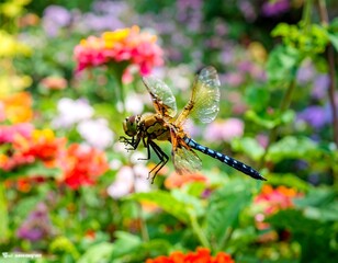 Dragonfly in vibrant flower garden