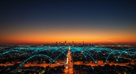 Networked Cityscape at Dusk: Illuminated Arcs Connecting Buildings Under a Gradient Sky