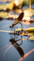 Dragonfly on water lily pad, reflecting