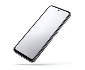 A modern, sleek smartphone model, angled at an attractive viewpoint, displays an empty screen against a plain white backdrop.