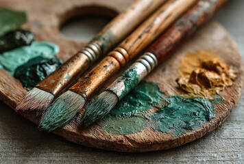 Paintbrushes with paint residue resting on a wooden palette filled with various hues. Great for art supply ads, painting tutorial visuals, or creative studio promotions.