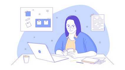 Young Woman Working Remotely with Laptop and Smartphone – Blue Purple Beige Flat Line Illustration. Vector Illustration.