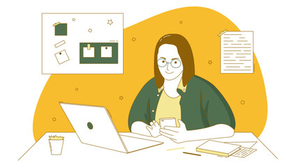 Young Woman Working Remotely with Laptop and Smartphone – Yellow Green Flat Line Illustration. Vector Illustration.