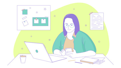 Young Woman Working Remotely with Laptop and Smartphone – Green Purple Flat Line Illustration. Vector Illustration.