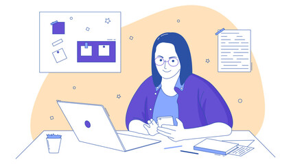 Young Woman Working Remotely with Laptop and Smartphone – Beige Purple Flat Line Illustration. Vector Illustration.