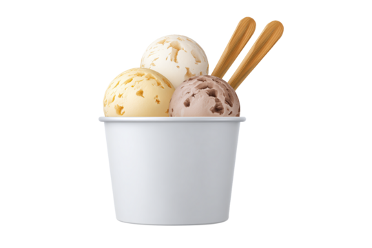 Three ice cream scoops in white cup with wooden spoons, isolated on white transparent background