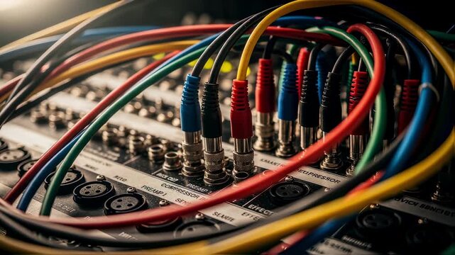 Macro shot of multicolored audio patch cables inserted into a patchbay panel illustrating detailed wiring in modern audio production.