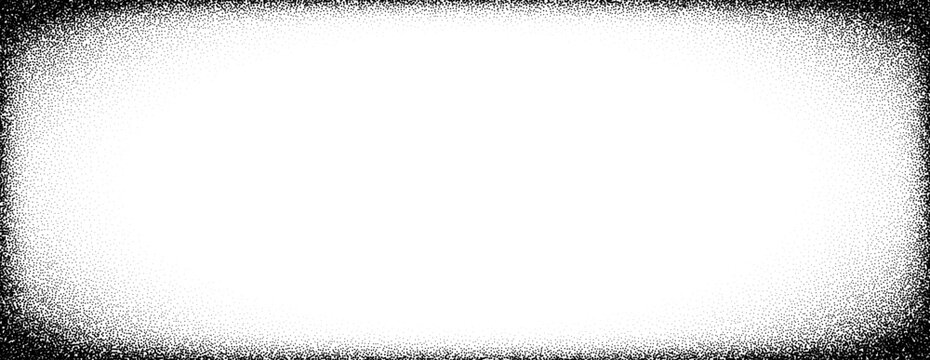 Black stippled vignette effect background. Round fading stipple gradient border wallpaper. Radial dotted grit frame backdrop for photo template, poster template, banner. Vector vanishing grain cadre