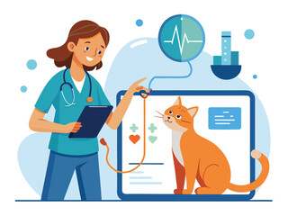 Veterinarian examining orange cat with digital technology medical health checkup