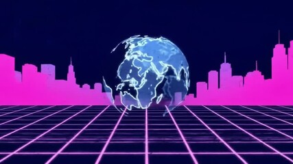 Breaking news background with digital globe, pink city skyline silhouette, and retro grid floor in neon futuristic style. - Powered by Adobe