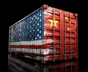 A weathered shipping container, bearing the flags of the United States and China, stands prominently against a black backdrop, reflecting the dark surface.