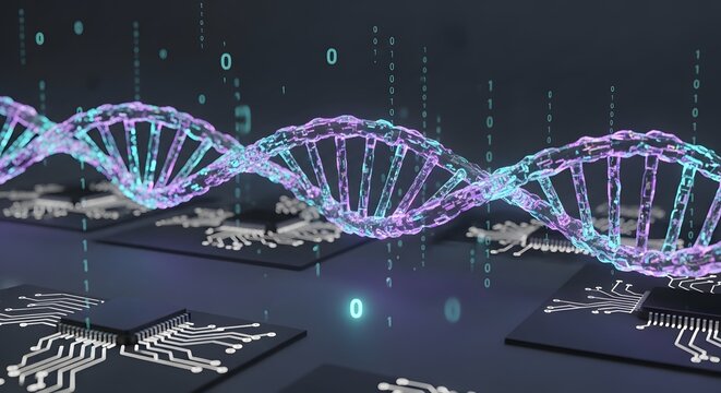 Genetic Engineering & Digital Biology: DNA Helix Intertwined with Microchips, Representing Biotechnology and Bioinformatics Data