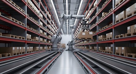 Robotic arms handling packages in an automated smart warehouse. Modern logistics, Industry 4.0, and efficient supply chain technology.