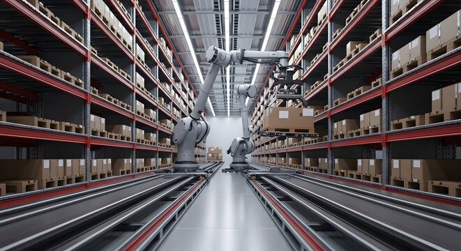 Robotic arms handling packages in an automated smart warehouse. Modern logistics, Industry 4.0, and efficient supply chain technology.