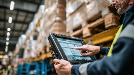 Medium shot of a worker operating a touchscreen terminal near stacked pallets in a warehouse the activity sharply focused against a faintly blurred logistics area illustrating
