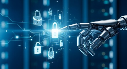 AI Cybersecurity Concept: Robotic Hand Touching Digital Padlock, Data Protection & Network Security