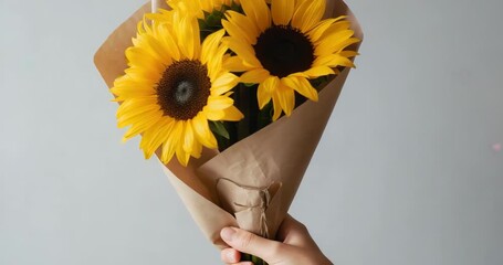 Hand entering frame lifting sunflower bouquet in studio, brown paper tied with twine to show blooms - Powered by Adobe