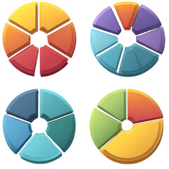Obraz premium Set of four colorful segmented donut pie charts for data visualization.