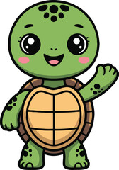 Vector art of cute cartoon turtle waving hand adorable baby tortoise with big eyes and smiling face happy little reptile character for kids book, print, or sticker design