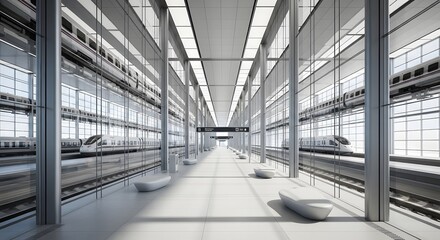 Fototapeta premium Sleek Modern High-Speed Train Station Platform. Contemporary Architectural Design with Multiple Tracks and Bright Natural Light.
