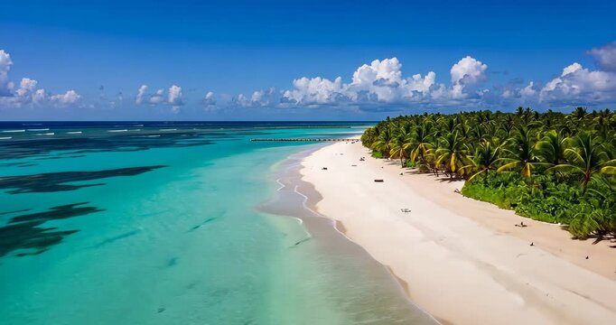 Drone lifting, gliding over turquoise ocean reef toward white beach showing coconut grove, loungers