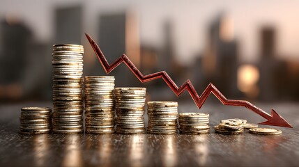 Declining stacks of gold coins are visually impacted by a descending red arrow. Financial loss is implied within the urban backdrop.